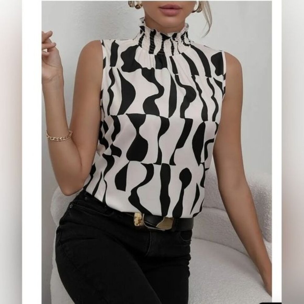 Chic Summer Elegance: Shirred High-Neck Striped Tank Top